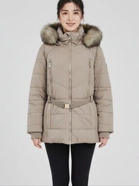 Michael Kors tan Taupe long puffer coat faux fur trim plus‎ size 3X NEW!!!